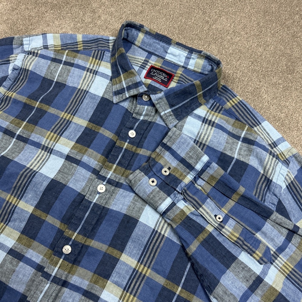 UNTUCKit Linen Shirt Mens 2XL Slim Fit Button Up Long Sleeve Blue Plaid Non Iron